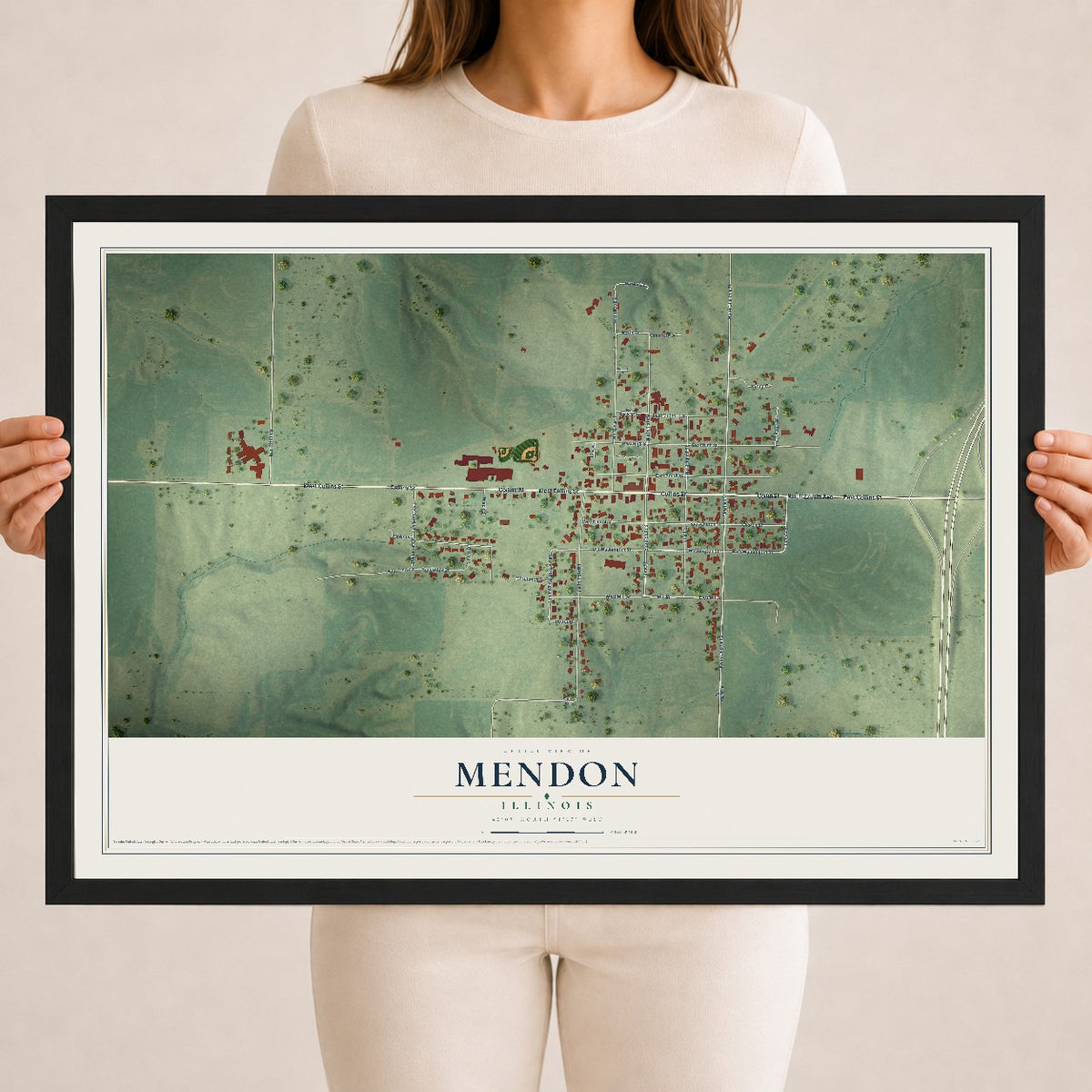 Map of Mendon, Illinois, 18 x 24 inch print in a black wood frame