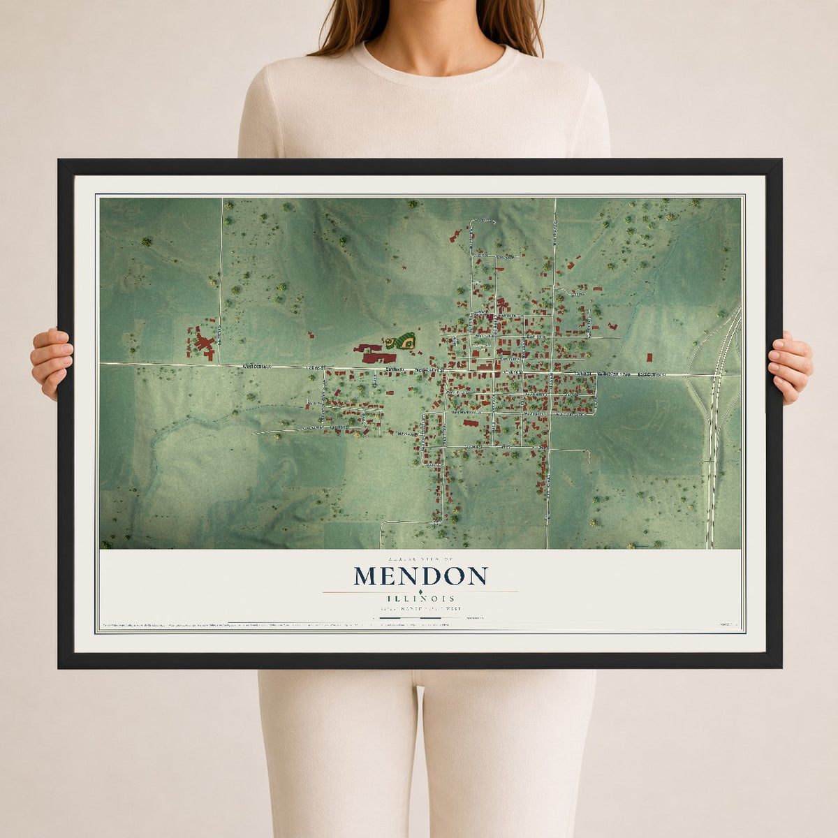 Map of Mendon, Illinois, 24 x 36 inch print in a black wood frame
