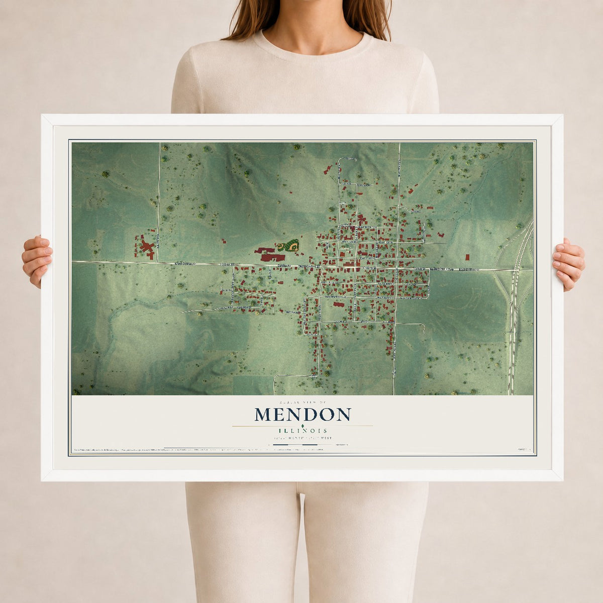 Map of Mendon, Illinois, 24 x 36 inch print in a white wood frame
