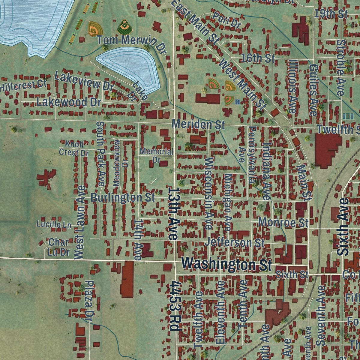 Close-up of the map of Mendota, Illinois print showing street and building detail