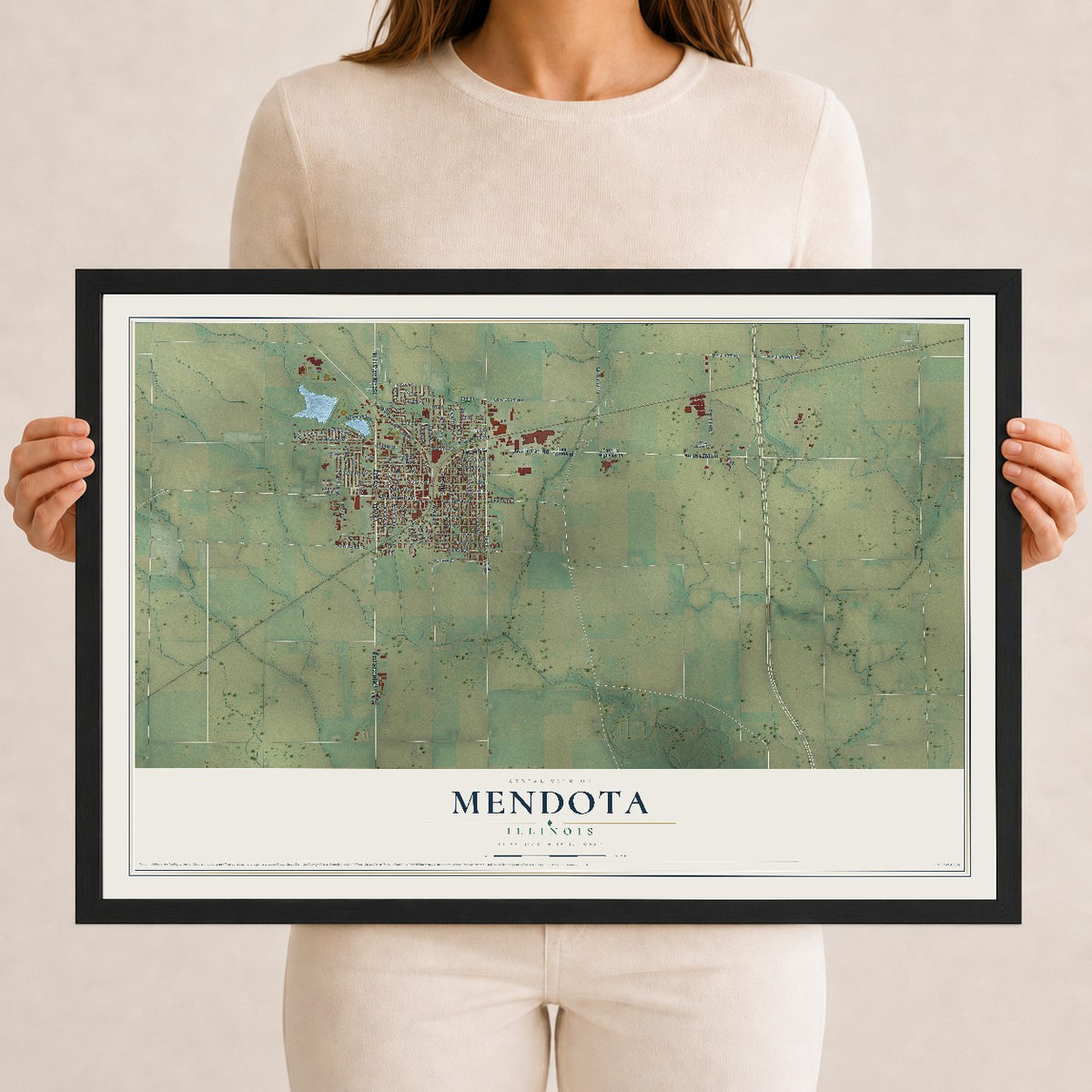 Map of Mendota, Illinois, 12 x 18 inch print in a black wood frame
