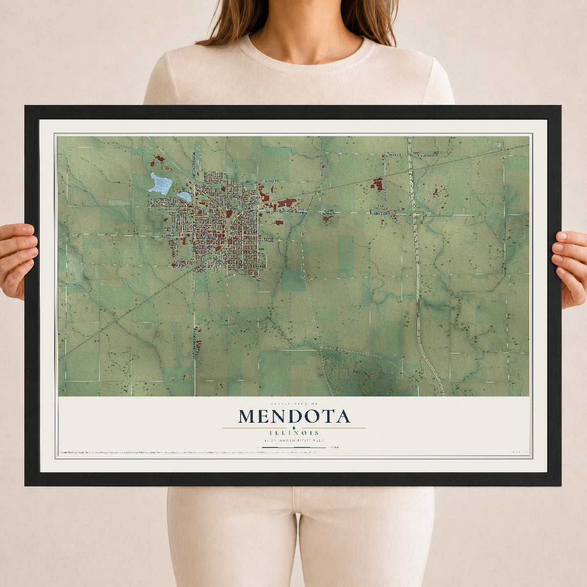 Map of Mendota, Illinois, 18 x 24 inch print in a black wood frame