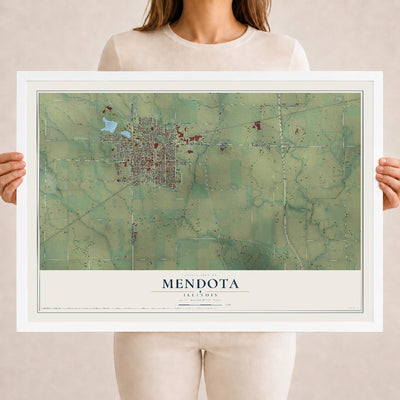 Map of Mendota, Illinois, 18 x 24 inch print in a white wood frame