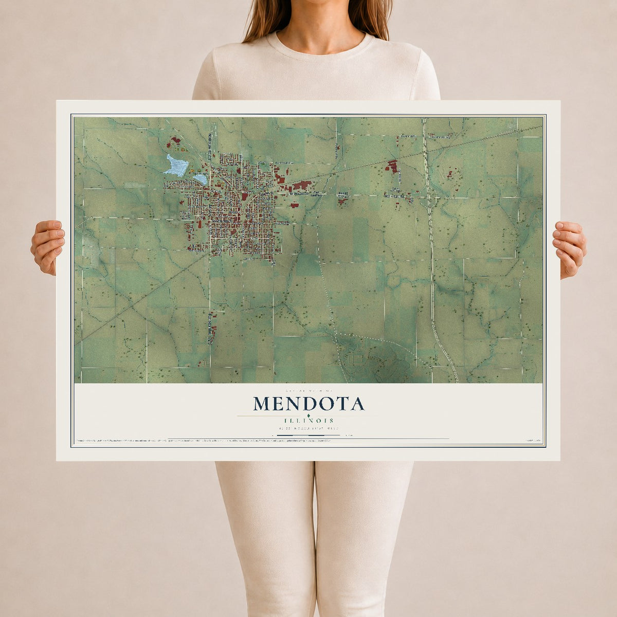 Map of Mendota, Illinois, 24 x 36 inch unframed archival matte print