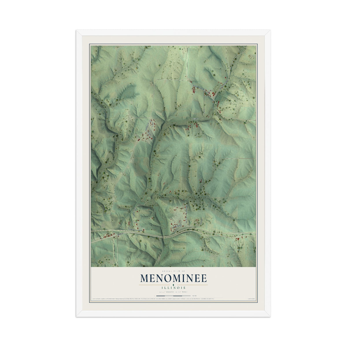 Map of Menominee, Illinois, 12 x 18 inch print in a white wood frame