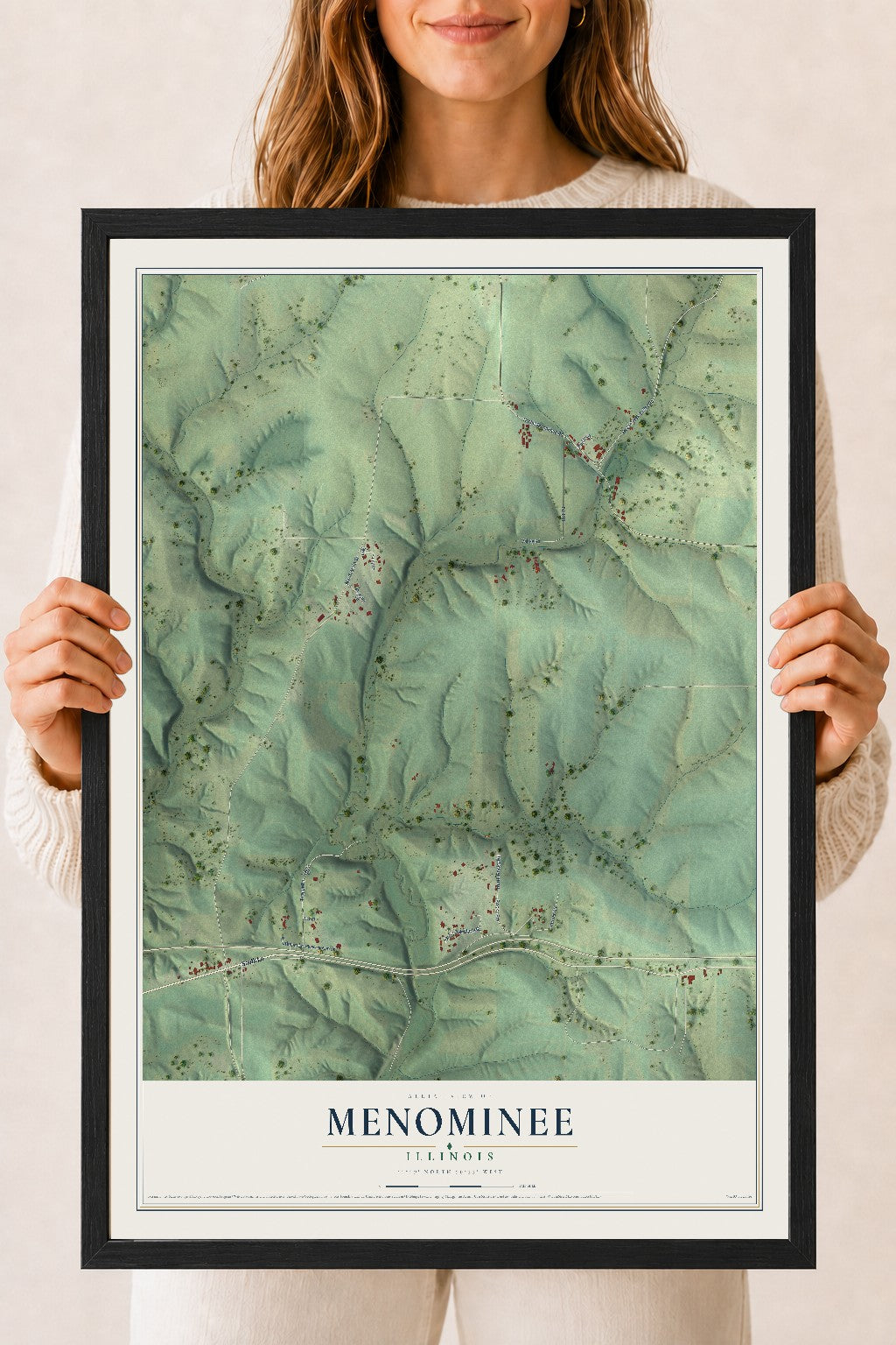 Map of Menominee, Illinois, 18 x 24 inch print in a black wood frame
