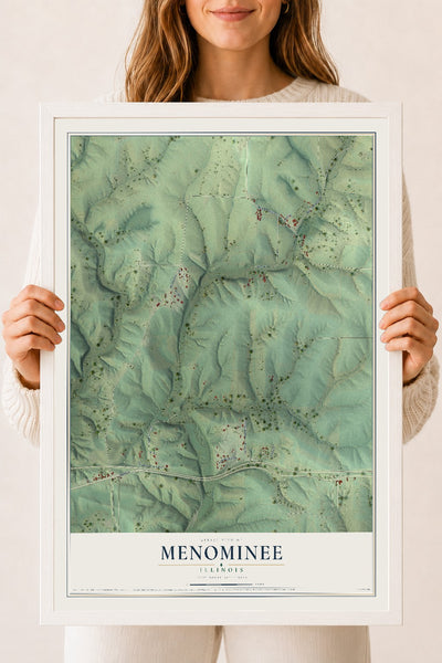 Map of Menominee, Illinois, 18 x 24 inch print in a white wood frame
