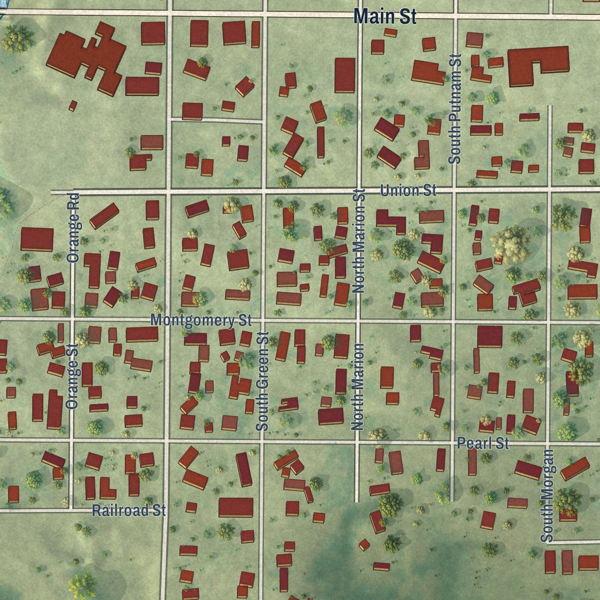 Close-up of the map of Meredosia, Illinois print showing street and building detail