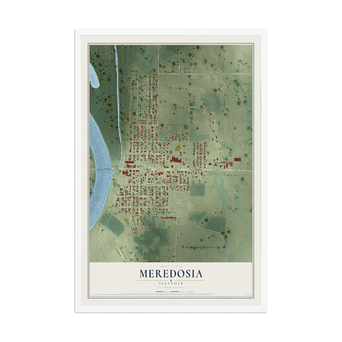Map of Meredosia, Illinois, 12 x 18 inch print in a white wood frame