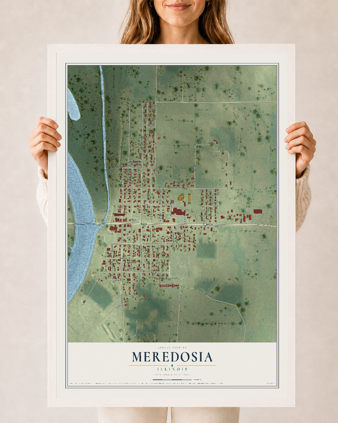 Map of Meredosia, Illinois, 24 x 36 inch print in a white wood frame