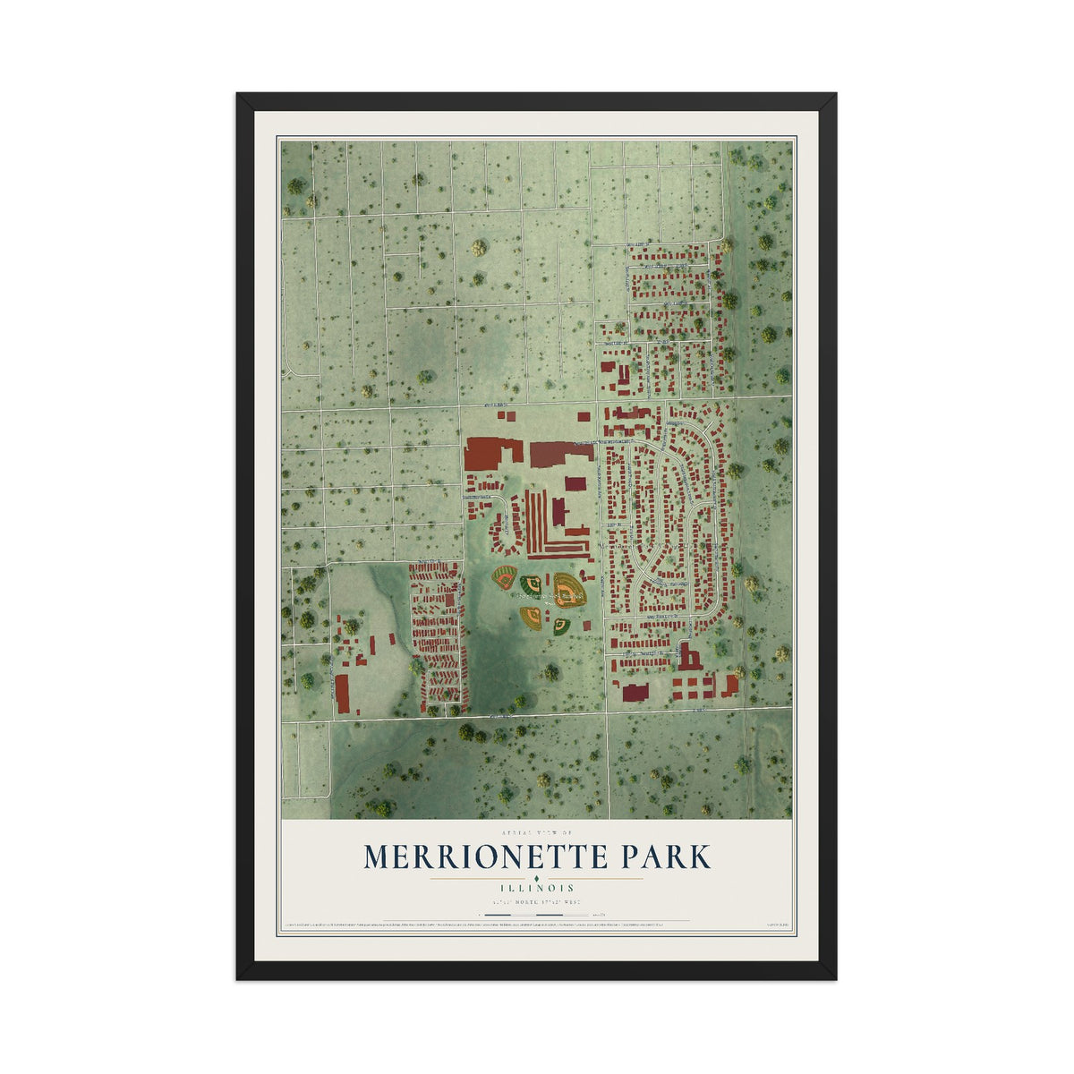Map of Merrionette Park, Illinois, 12 x 18 inch print in a black wood frame