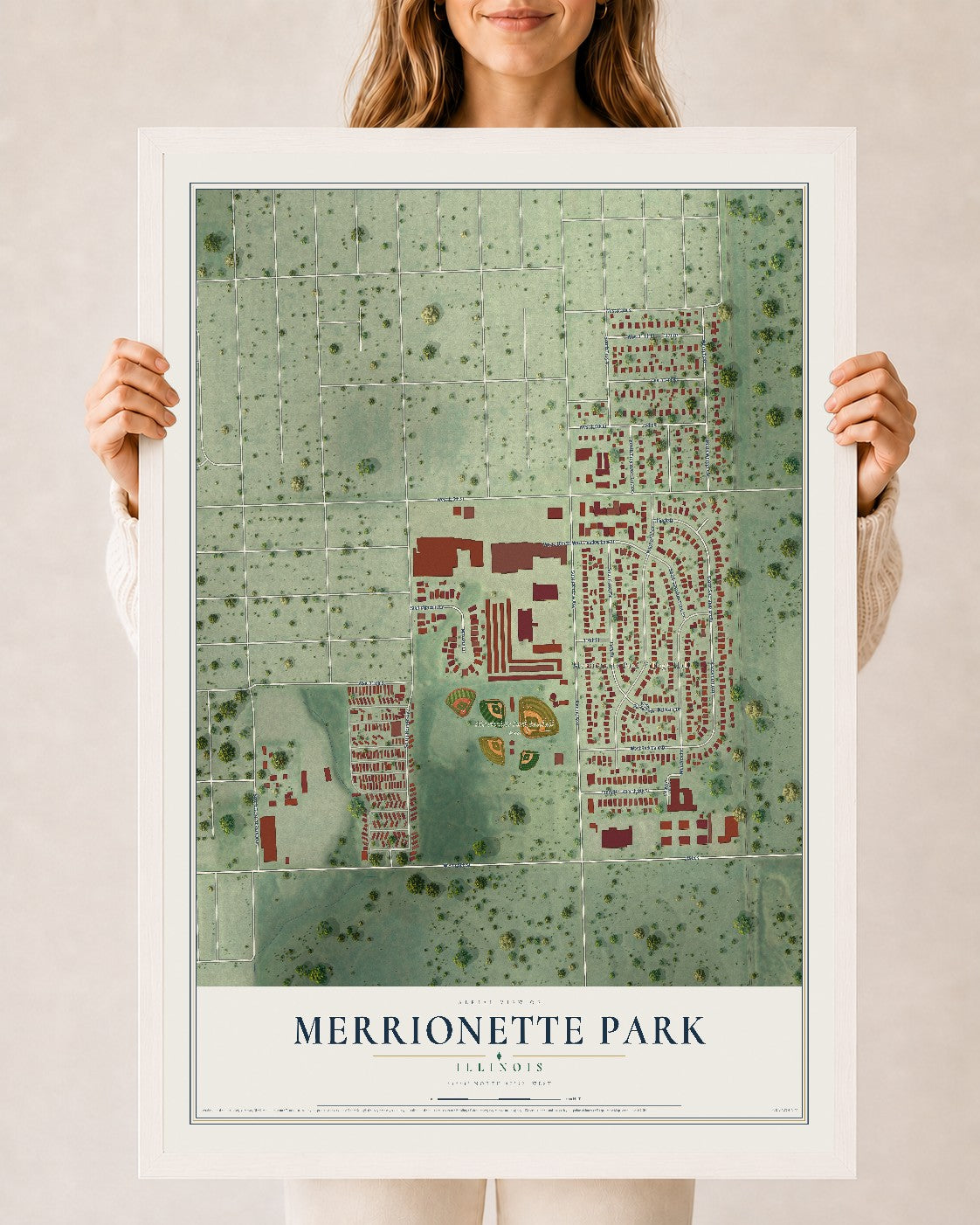 Map of Merrionette Park, Illinois, 24 x 36 inch print in a white wood frame