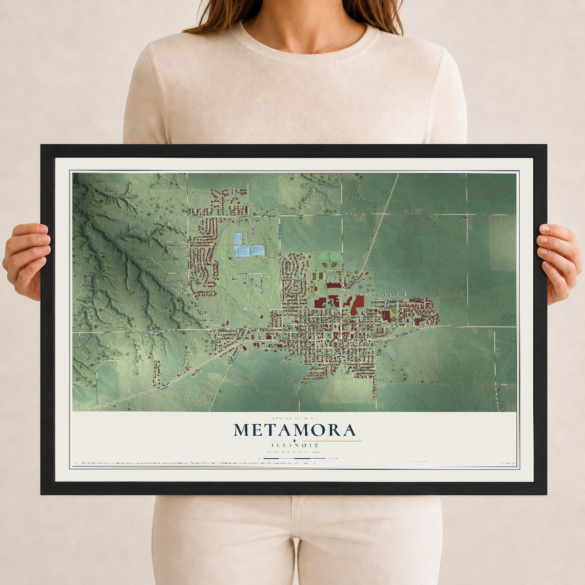 Map of Metamora, Illinois, 12 x 18 inch print in a black wood frame