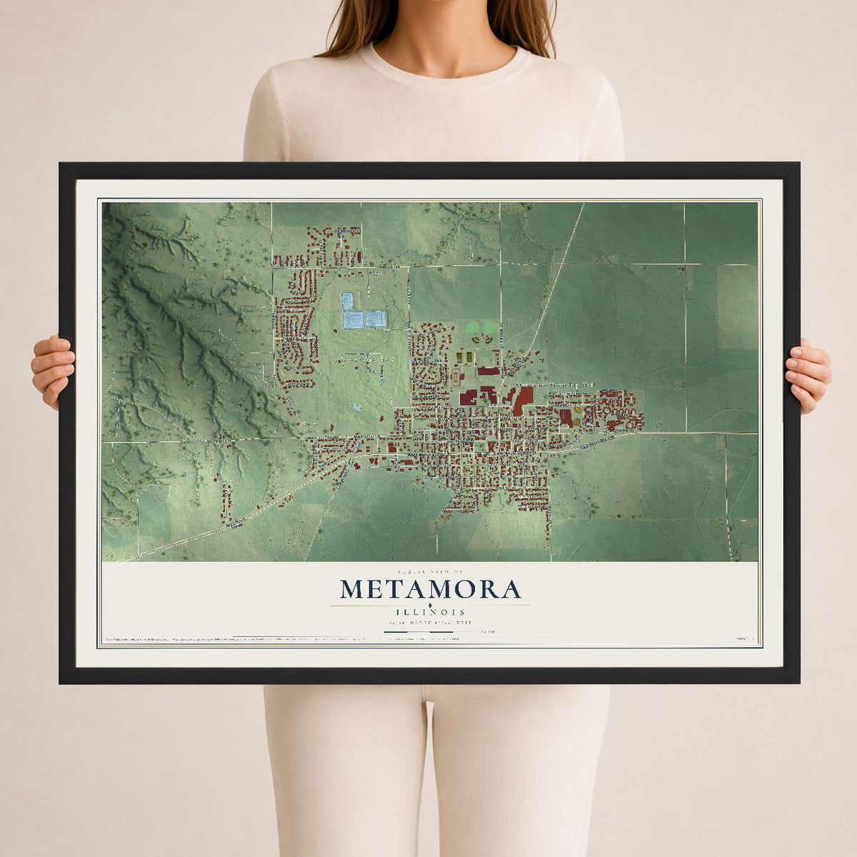 Map of Metamora, Illinois, 24 x 36 inch print in a black wood frame
