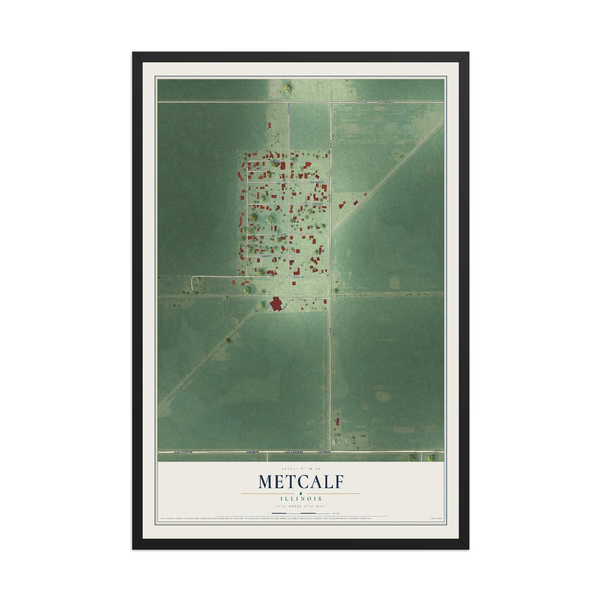 Map of Metcalf, Illinois, 12 x 18 inch print in a black wood frame