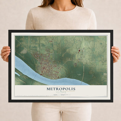 Map of Metropolis, Illinois, 12 x 18 inch print in a black wood frame