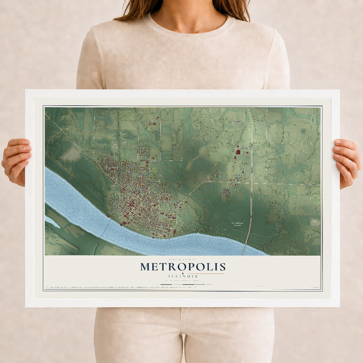 Map of Metropolis, Illinois, 12 x 18 inch print in a white wood frame