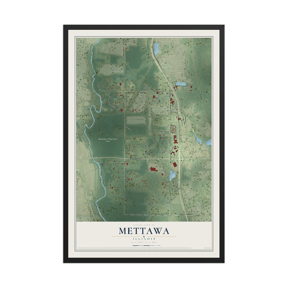 Map of Mettawa, Illinois, 12 x 18 inch print in a black wood frame