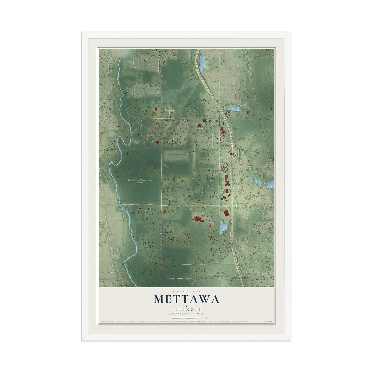 Map of Mettawa, Illinois, 12 x 18 inch print in a white wood frame