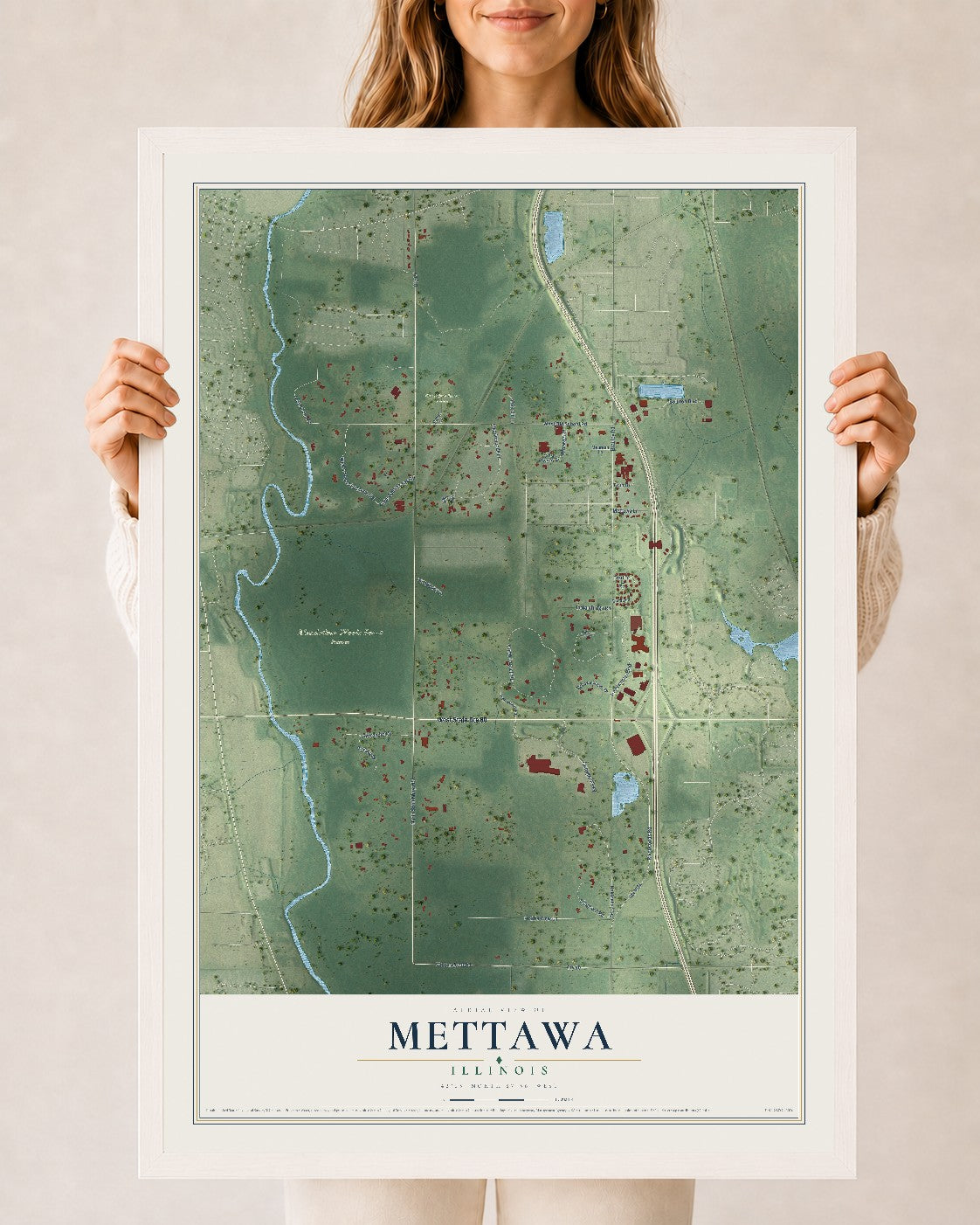 Map of Mettawa, Illinois, 24 x 36 inch print in a white wood frame