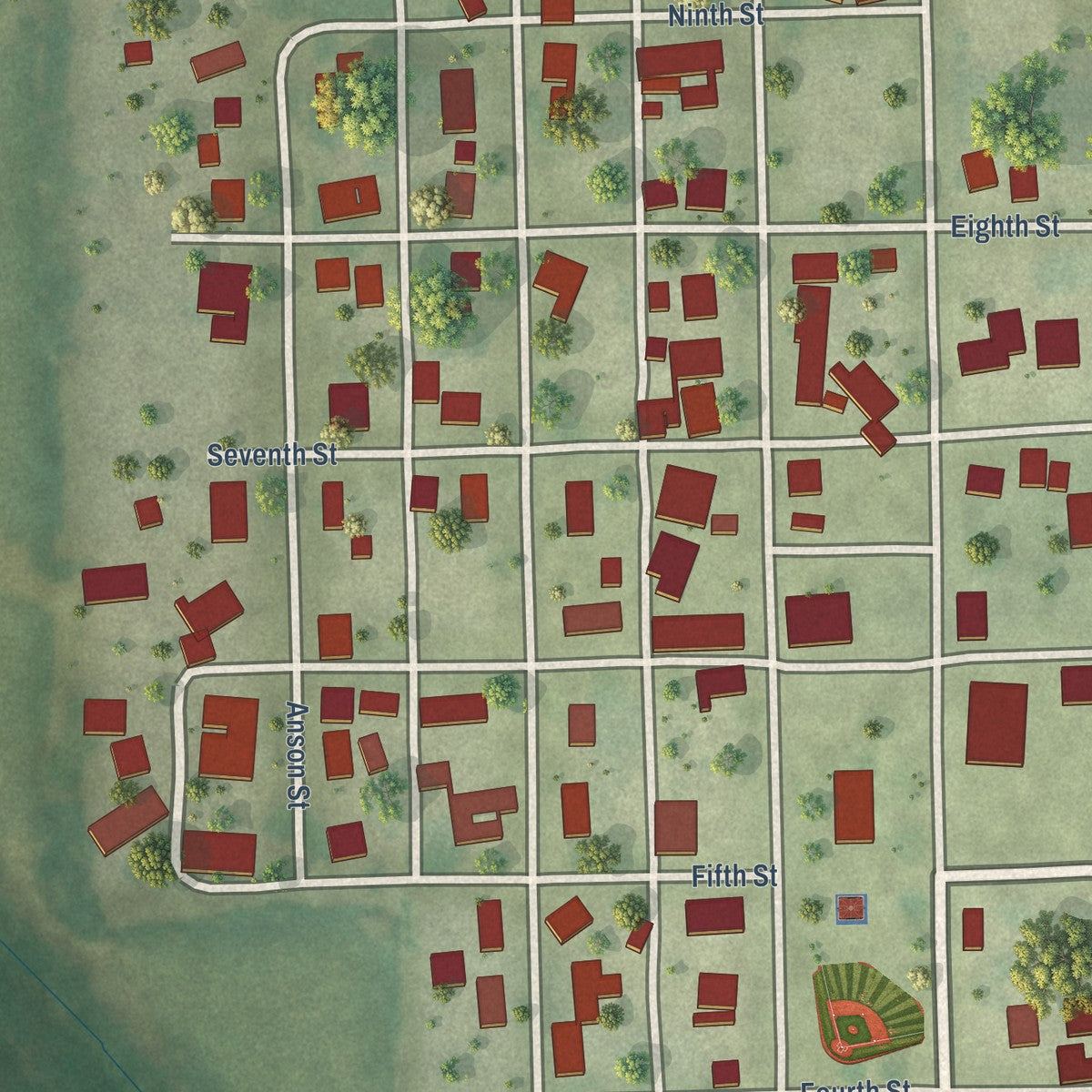 Close-up of the map of Middletown, Illinois print showing street and building detail