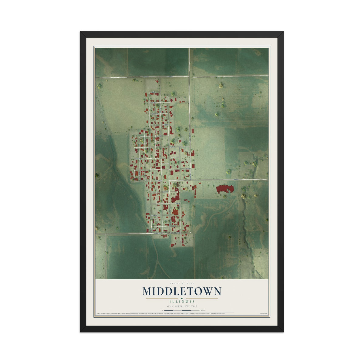 Map of Middletown, Illinois, 12 x 18 inch print in a black wood frame