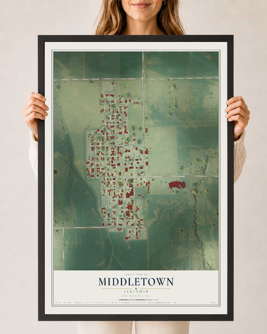 Map of Middletown, Illinois, 24 x 36 inch print in a black wood frame