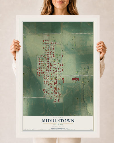 Map of Middletown, Illinois, 24 x 36 inch print in a white wood frame