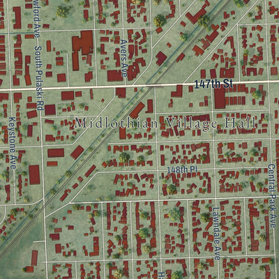 Close-up of the map of Midlothian, Illinois print showing street and building detail