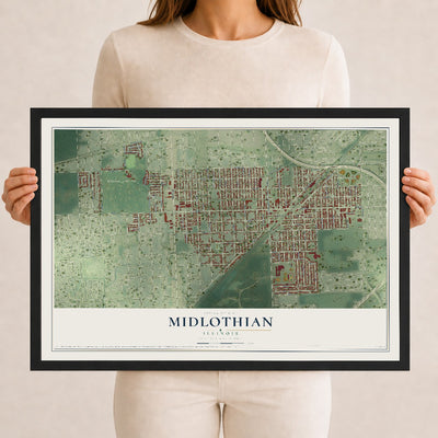 Map of Midlothian, Illinois, 12 x 18 inch print in a black wood frame