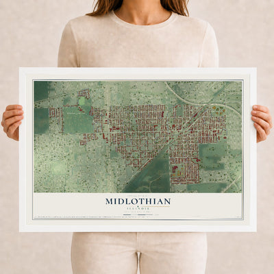 Map of Midlothian, Illinois, 12 x 18 inch print in a white wood frame