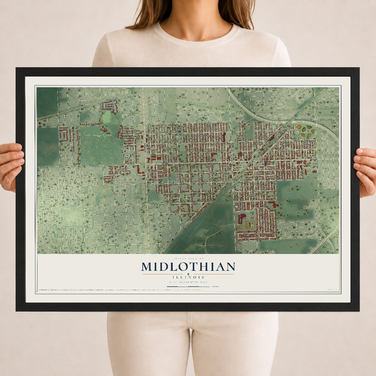 Map of Midlothian, Illinois, 18 x 24 inch print in a black wood frame