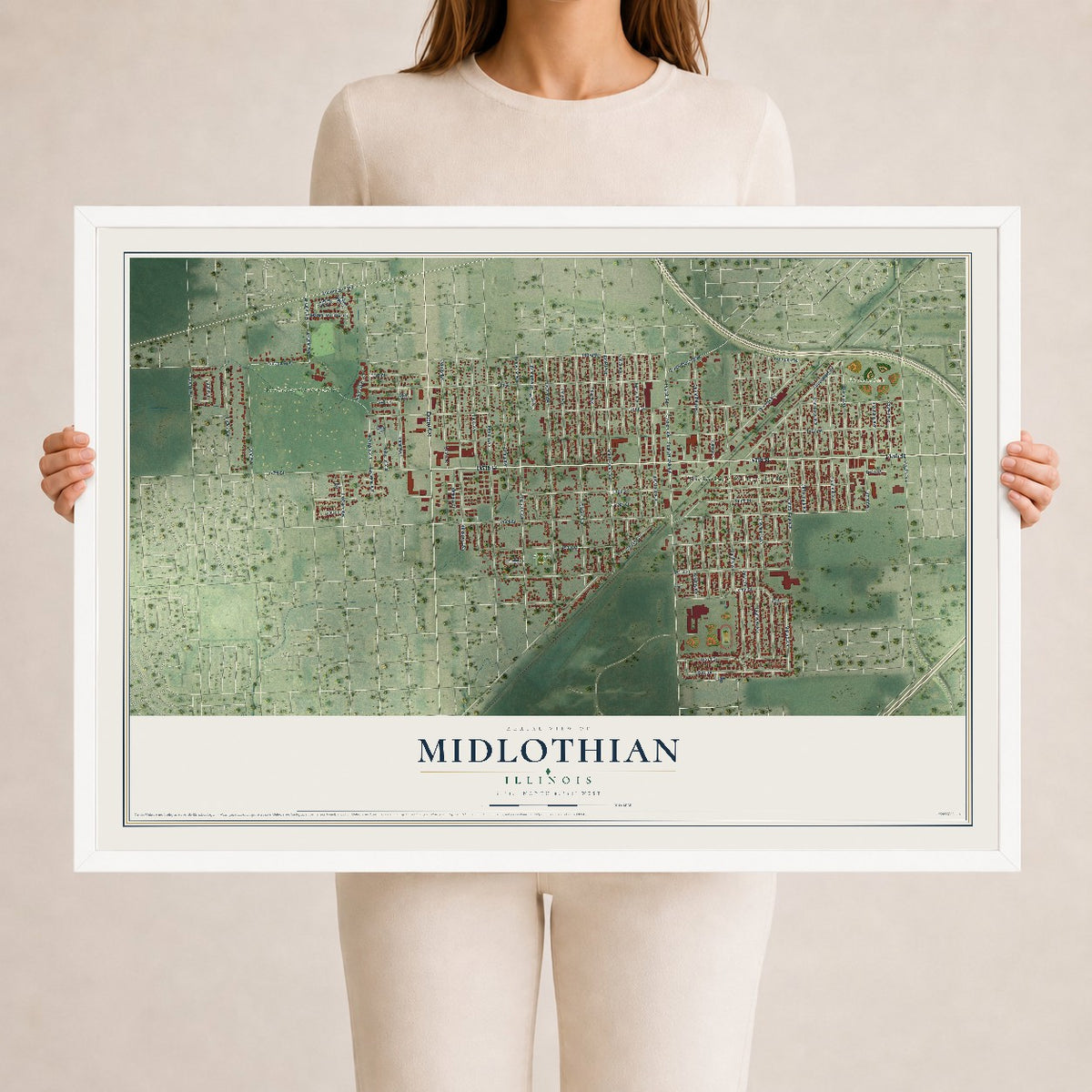 Map of Midlothian, Illinois, 24 x 36 inch print in a white wood frame