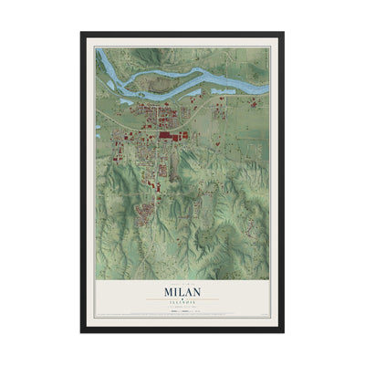 Map of Milan, Illinois, 12 x 18 inch print in a black wood frame