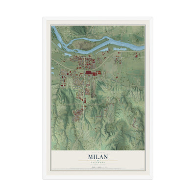 Map of Milan, Illinois, 12 x 18 inch print in a white wood frame