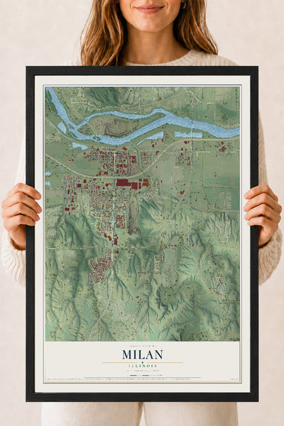 Map of Milan, Illinois, 18 x 24 inch print in a black wood frame