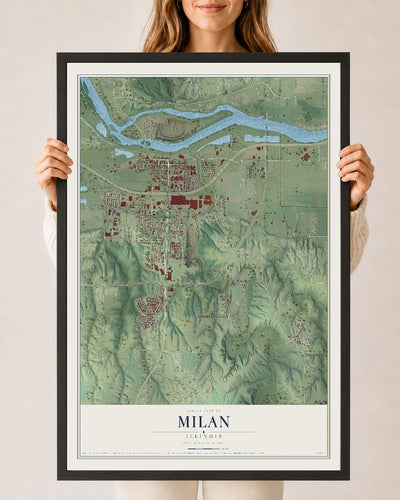 Map of Milan, Illinois, 24 x 36 inch print in a black wood frame