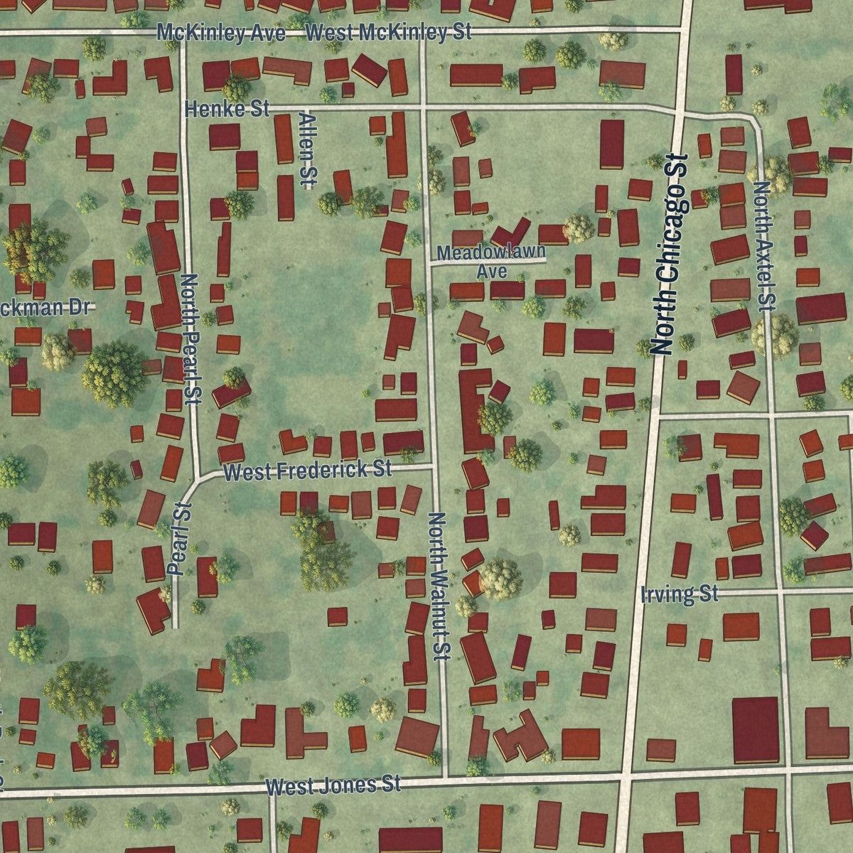 Close-up of the map of Milford, Illinois print showing street and building detail
