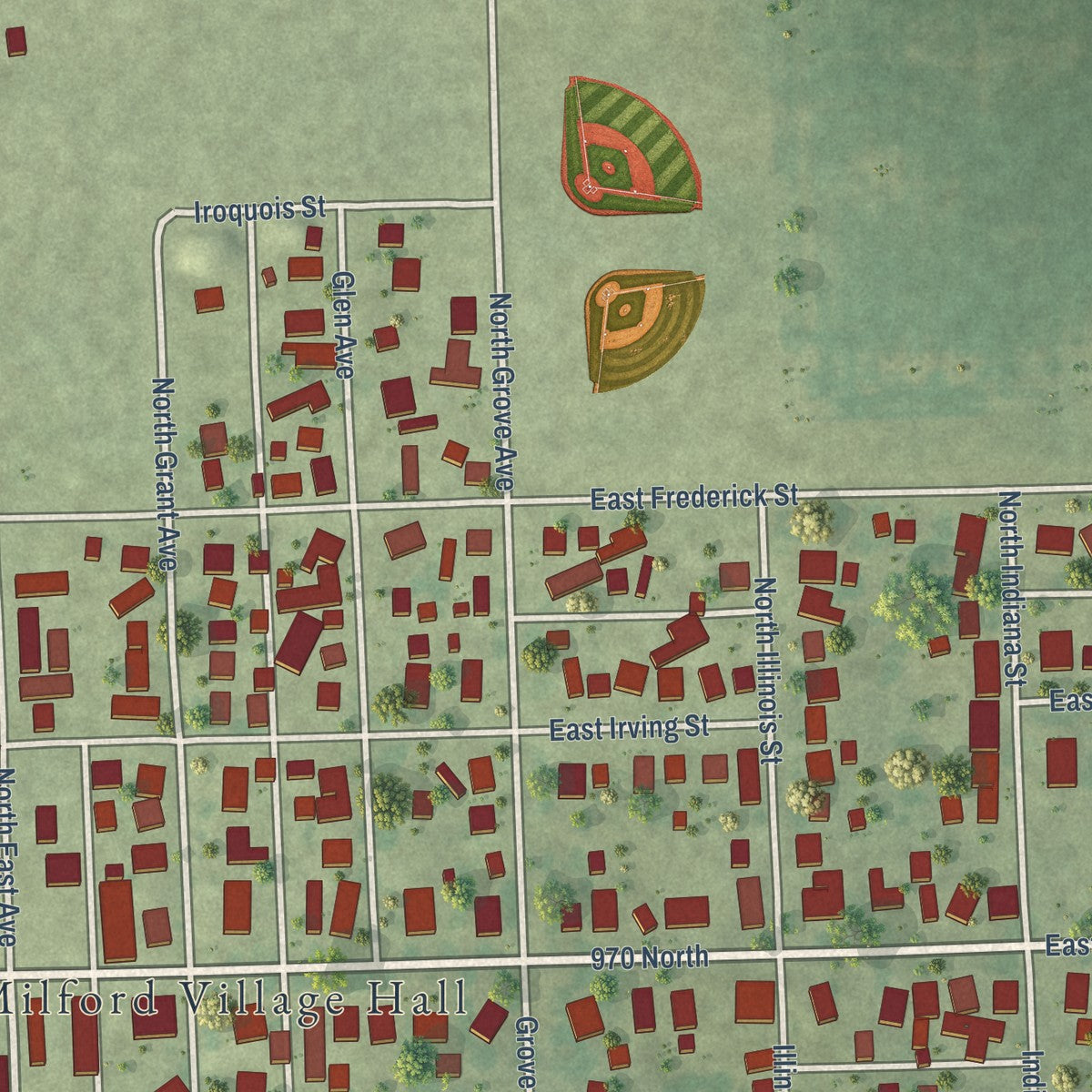 Second close-up of the map of Milford, Illinois print showing more streets and buildings