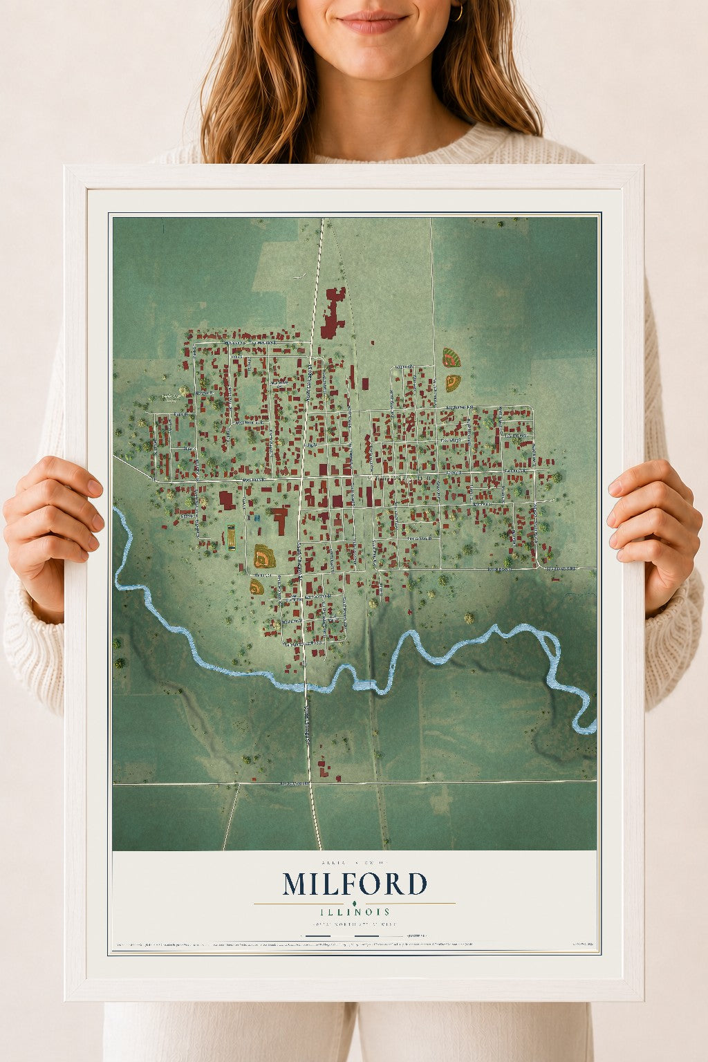 Map of Milford, Illinois, 18 x 24 inch print in a white wood frame