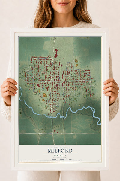 Map of Milford, Illinois, 18 x 24 inch print in a white wood frame