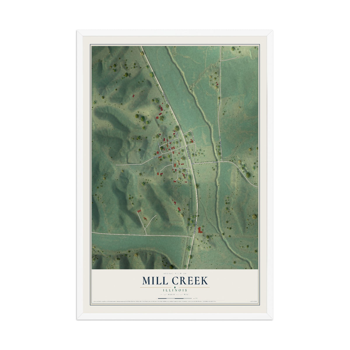 Map of Mill Creek, Illinois, 12 x 18 inch print in a white wood frame