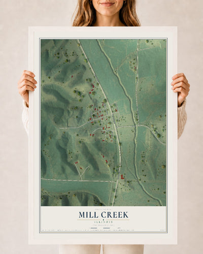 Map of Mill Creek, Illinois, 24 x 36 inch print in a white wood frame