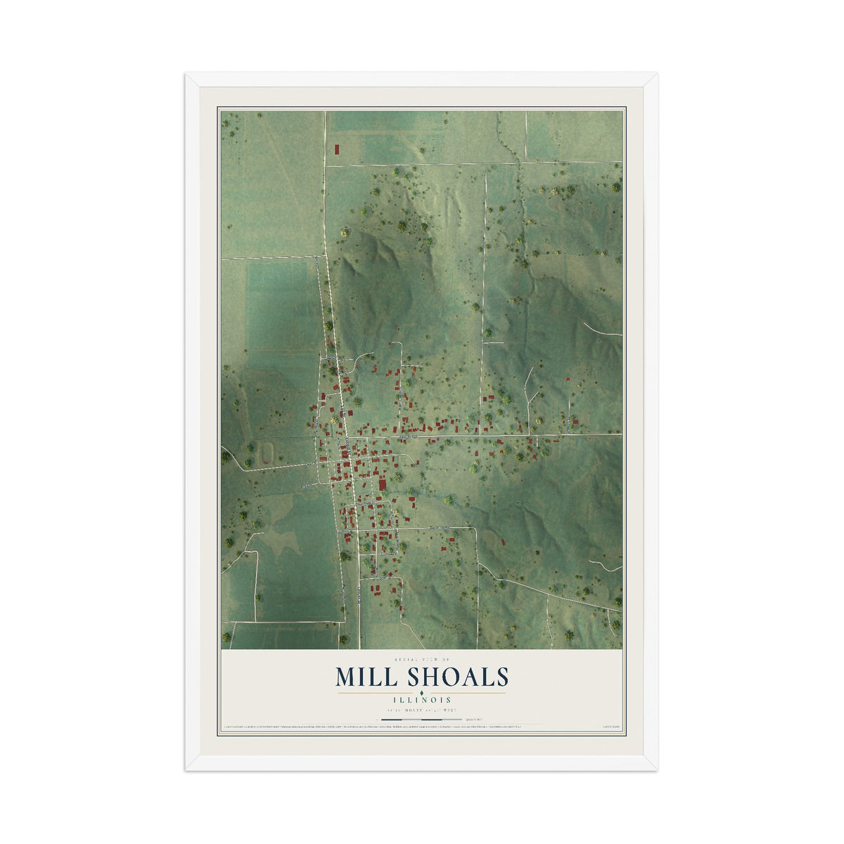 Map of Mill Shoals, Illinois, 12 x 18 inch print in a white wood frame