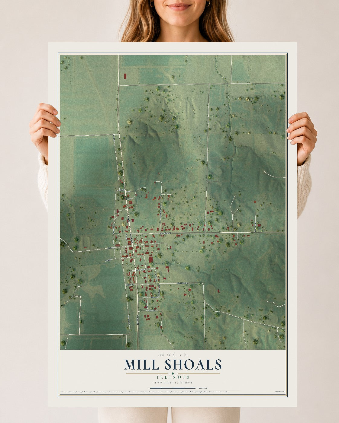 Map of Mill Shoals, Illinois, 24 x 36 inch unframed archival matte print