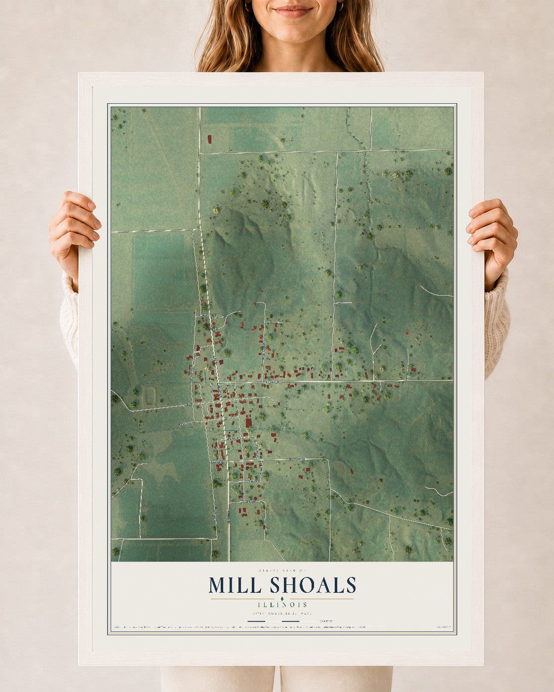 Map of Mill Shoals, Illinois, 24 x 36 inch print in a white wood frame