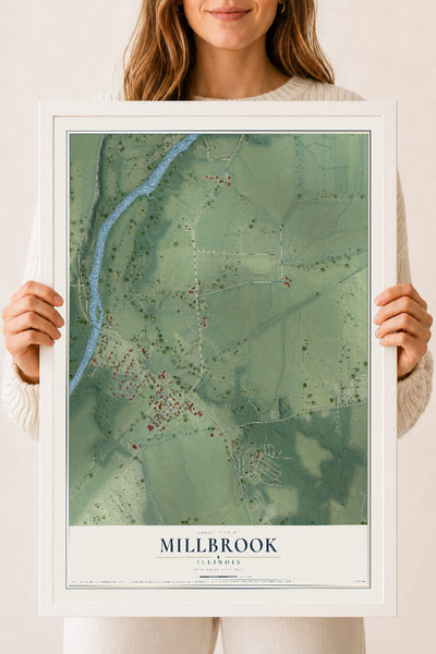 Map of Millbrook, Illinois, 18 x 24 inch print in a white wood frame