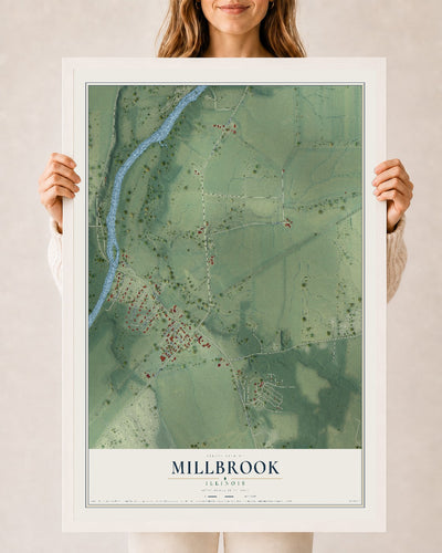 Map of Millbrook, Illinois, 24 x 36 inch print in a white wood frame