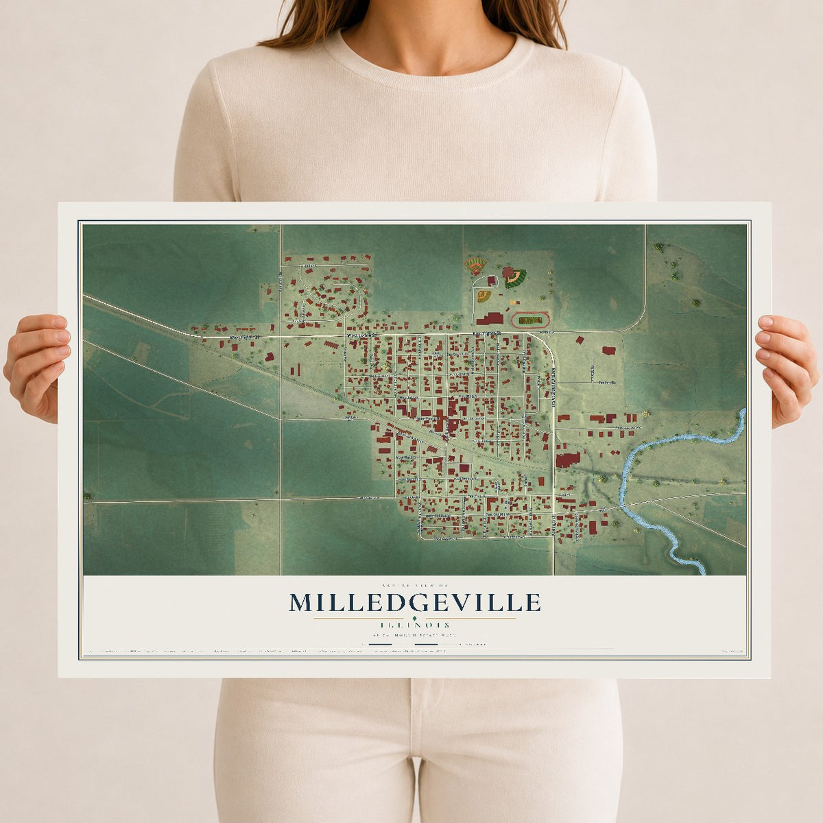 Map of Milledgeville, Illinois, 12 x 18 inch unframed archival matte print