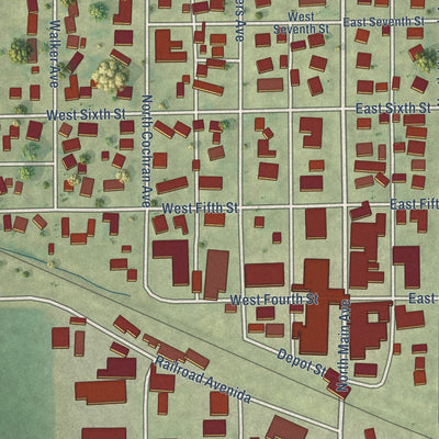 Close-up of the map of Milledgeville, Illinois print showing street and building detail